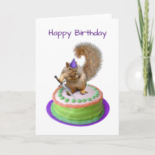 Squirrel with Sword in Cake Birthday Card