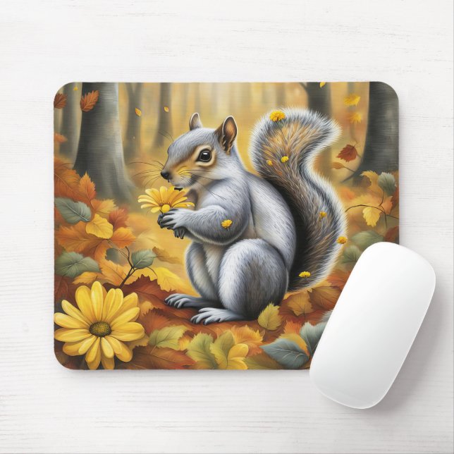 Squirrel With Yellow Daisy Mouse Pad (With Mouse)
