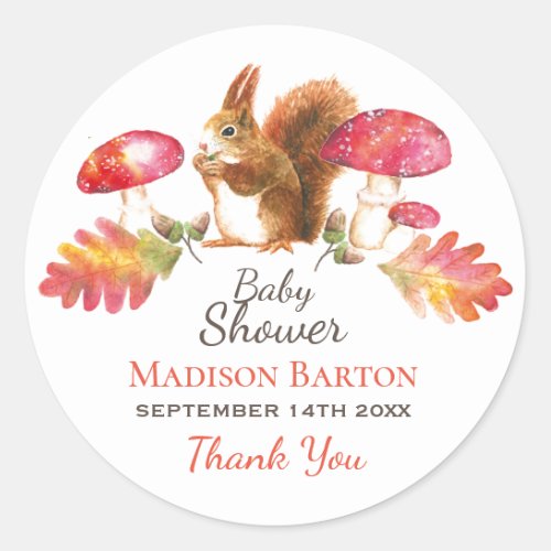 Squirrel Woodland Autumn Watercolor Baby Shower Classic Round Sticker