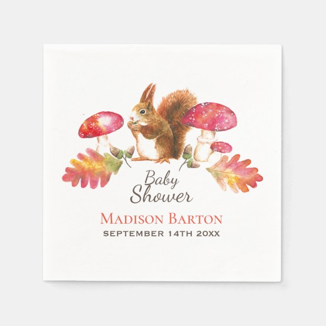 Squirrel Woodland Autumn Watercolor Baby Shower Napkins (Front)