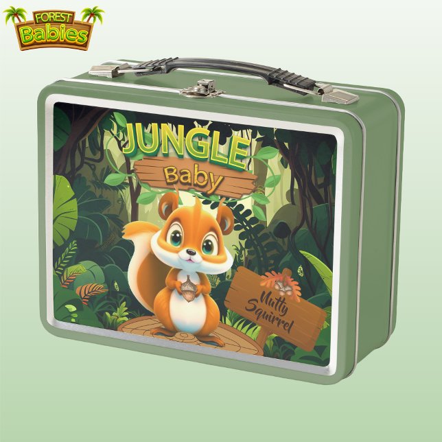 Squirrel Woodland Wildlife Forest Animal Lovers 🐿 Metal Lunch Box (Cute Jungle Baby Nutty Squirrel Whimsical Woodland Wildlife Animal Nature Green Metal Lunch Box 🐿)