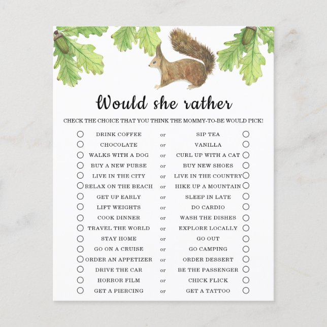 Squirrel / Would She Rather Baby Shower Game (Front)