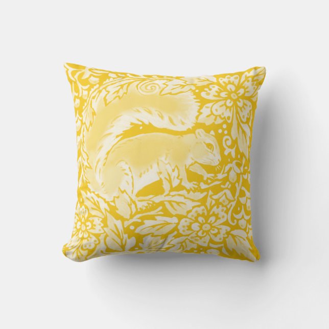 Squirrel Yellow Woodland Animal Floral Whimsical Throw Pillow (Front)