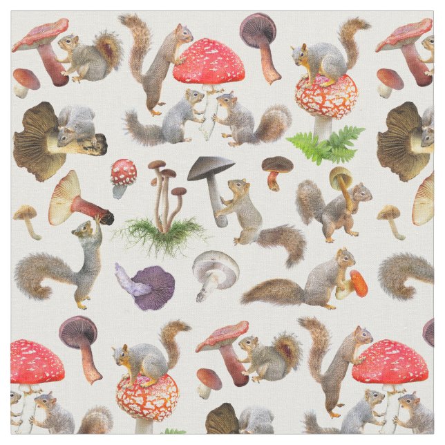 Squirrels and Mushrooms Fabric (Close Up)