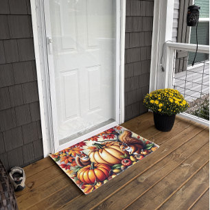Squirrels and Pumpkins in Autumn Scene Doormat