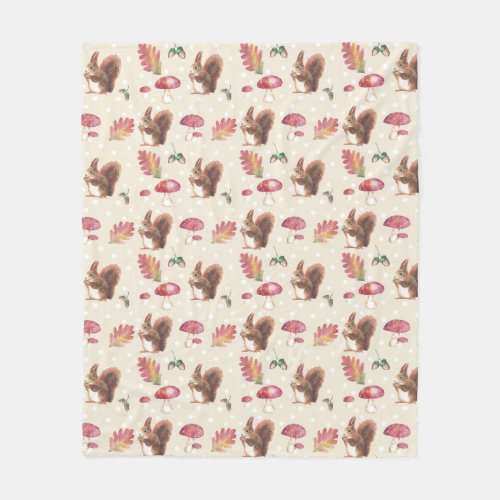 Squirrels and Toadstools Autumn Pattern Fleece Blanket