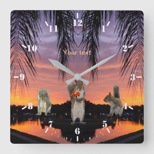 Squirrels at sunset through palm silhouettes       square wall clock