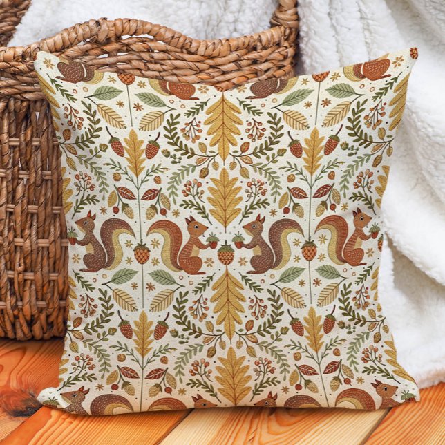 Squirrels Autumn Leaves Nature Warm  Throw Pillow (Squirrels and autumn leaves pillow)