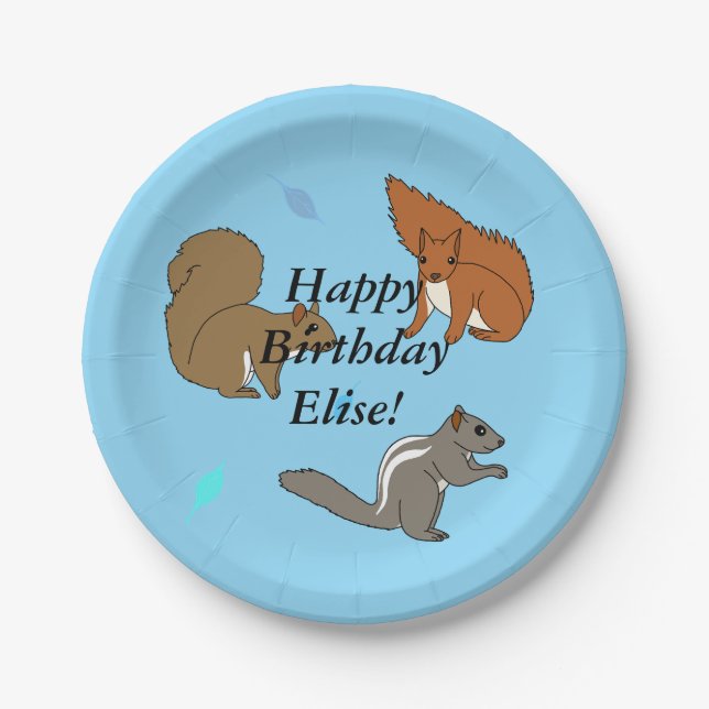 Squirrels Blue Birthday Paper Plates (Front)