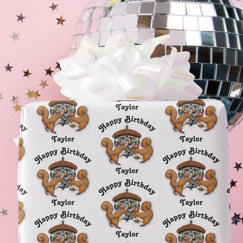 Squirrels Disco Happy Birthday Name Wrapping Paper