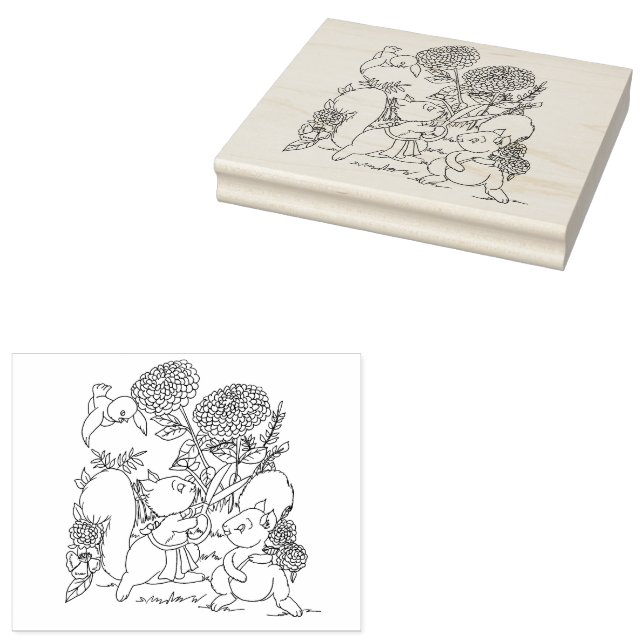 Squirrels Flowers Forest Animals Coloring page  Rubber Stamp (Stamped)