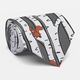 Squirrels in birch trees on gray, acorns under nec neck tie