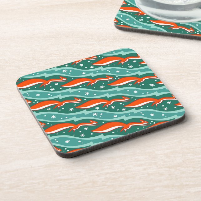 Squirrels jumping in the snow on a Christmas tree Beverage Coaster (Left Side)