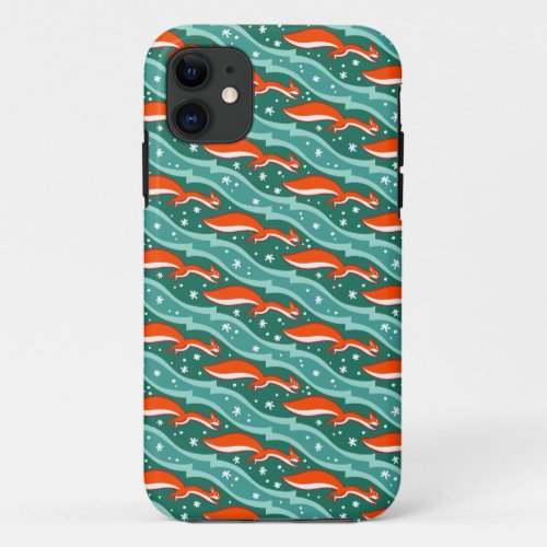 Squirrels jumping in the snow on a Christmas tree iPhone 11 Case