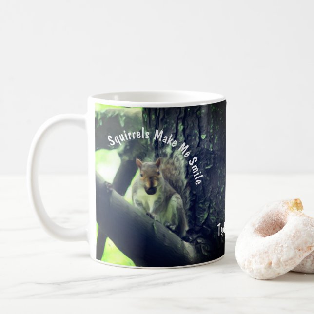 Squirrels Make Me Smile Animal Art Personalized Coffee Mug (With Donut)