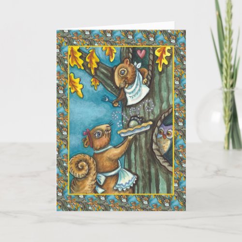 SQUIRRELS  OWL THANKSGIVING HOMEMADE ACORN PIE HOLIDAY CARD