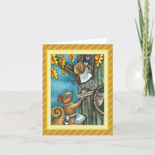 SQUIRRELS  OWL THANKSGIVING HOMEMADE ACORN PIE HOLIDAY CARD