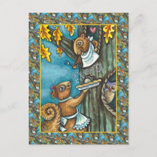 SQUIRRELS  OWL THANKSGIVING HOMEMADE ACORN PIE HOLIDAY POSTCARD