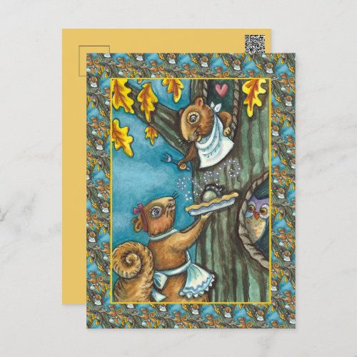 SQUIRRELS  OWL THANKSGIVING HOMEMADE ACORN PIE HOLIDAY POSTCARD