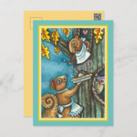 SQUIRRELS & OWL THANKSGIVING, HOMEMADE ACORN PIE HOLIDAY POSTCARD