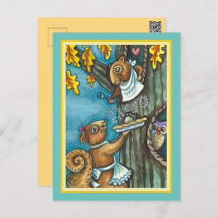 SQUIRRELS & OWL THANKSGIVING, HOMEMADE ACORN PIE HOLIDAY POSTCARD