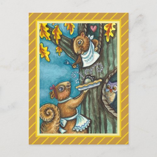 SQUIRRELS  OWL THANKSGIVING HOMEMADE ACORN PIE HOLIDAY POSTCARD