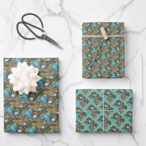 SQUIRRELS  OWL THANKSGIVING HOMEMADE ACORN PIE WRAPPING PAPER SHEETS