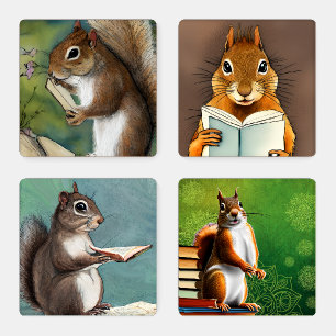 Squirrels Reading Books Watercolor Illustration Coaster Set