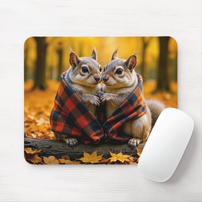 Squirrels Snuggling Under a Plaid Blanket Mouse Pad (With Mouse)