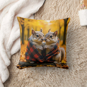 Squirrels Snuggling Under a Plaid Blanket Throw Pillow