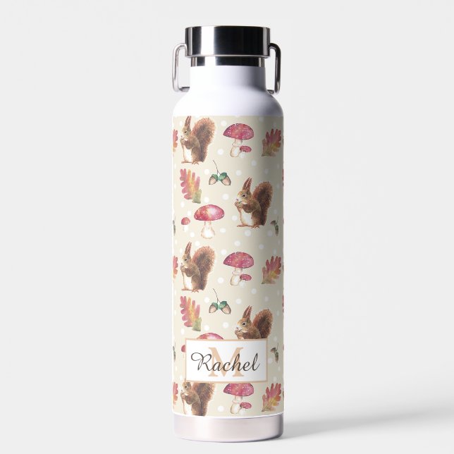 Squirrels & Toadstools Autumn Pattern Personalised Water Bottle (Front)