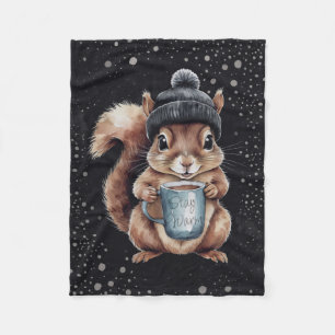 Squirrels with cup and snow "Stay Warm" Fleece Blanket