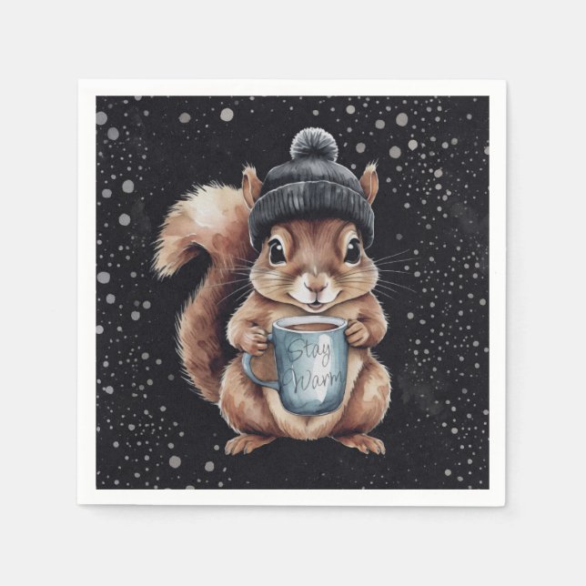 Squirrels with cup and snow "Stay Warm" Napkins (Front)