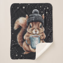 Squirrels with cup and snow "Stay Warm"