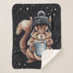 Squirrels with cup and snow "Stay Warm" Sherpa Blanket