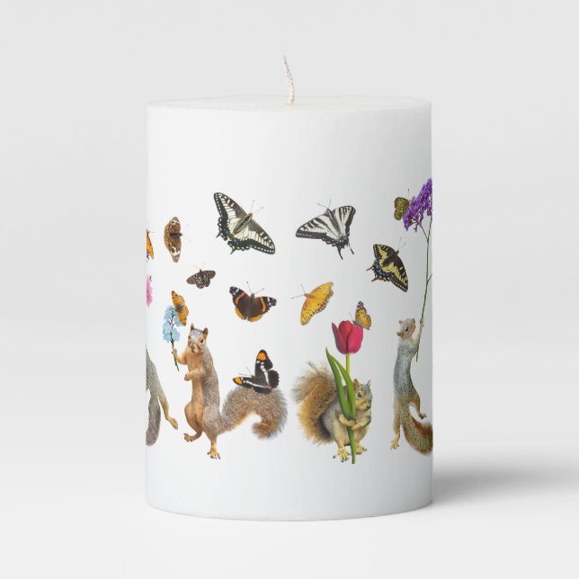 Squirrels with Flowers and Butterflies Candle (Front)