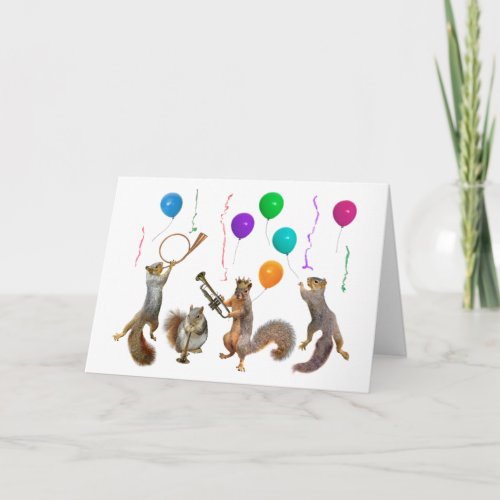 Squirrels with Horns and Balloons Birthday Card