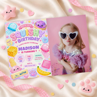 Squishy Girl Cute Kawaii Colorful Birthday Photo Invitation