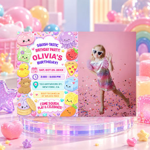 Squishy Girl Cute Kawaii Colorful Birthday Photo Invitation