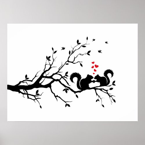 Squrrels with red hearts on tree branch poster