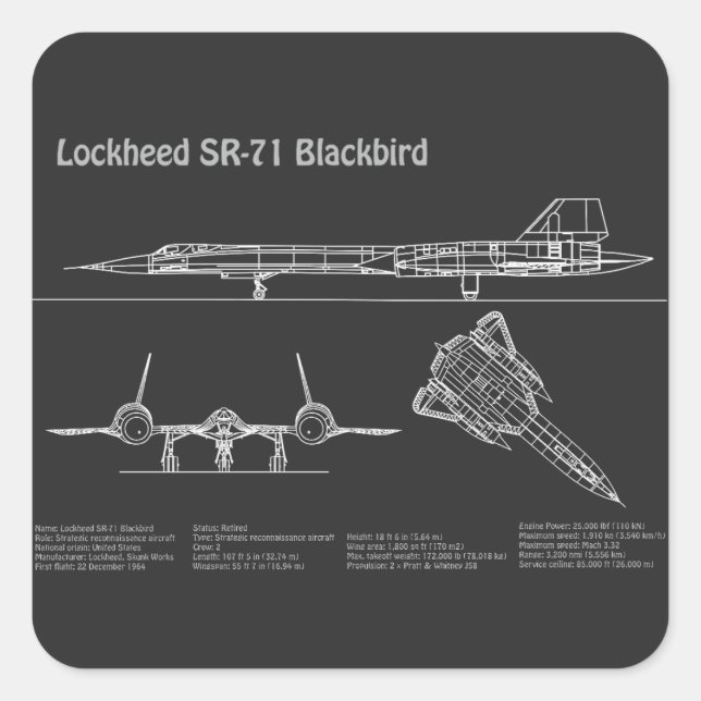 SR-71 Blackbird - Airplane Blueprint Plans PD Square Sticker (Front)