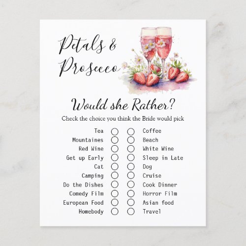 Srawberry Champagne Floral Bridal Shower Game Card