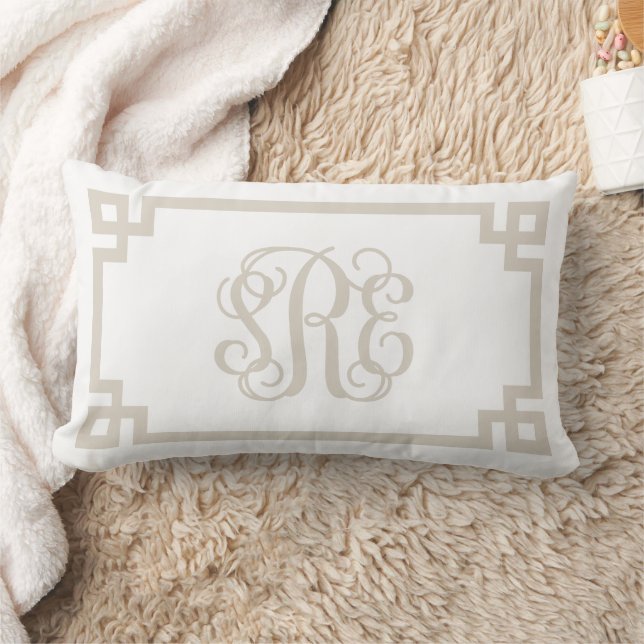 SRE Beige and White Greek Key Script Monogram Lumbar Pillow (Blanket)