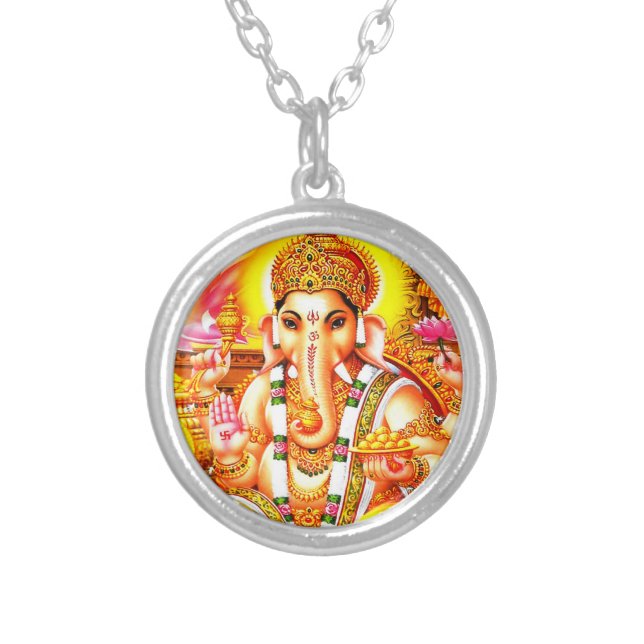 Sri Ganesh, Lord Ganapati, Hindu God Silver Plated Necklace (Front)