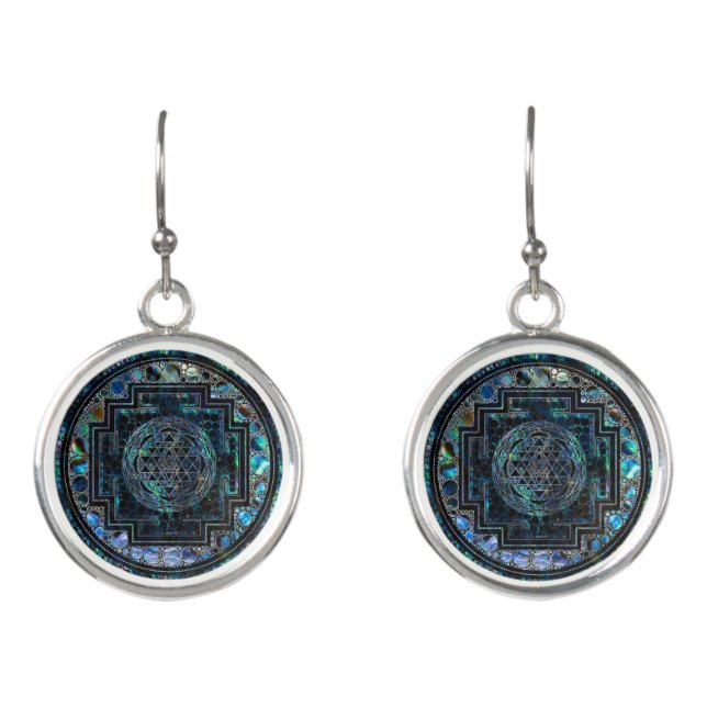 Sri Yantra  / Sri Chakra Abalone Shell and Silver Earrings (Front)