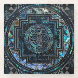 Sri Yantra  / Sri Chakra Abalone Shell and Silver Glass Coaster