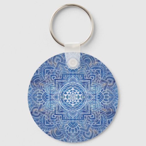 Sri Yantra   Sri Chakra Blue Watercolor Keychain