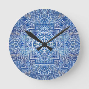 Sri Yantra / Sri Chakra Blue Watercolor Round Clock