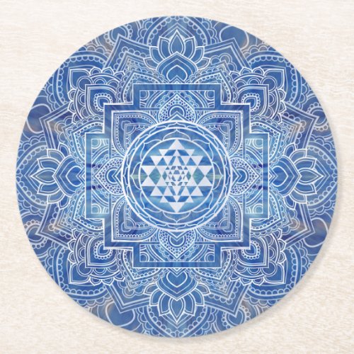 Sri Yantra   Sri Chakra Blue Watercolor Round Paper Coaster