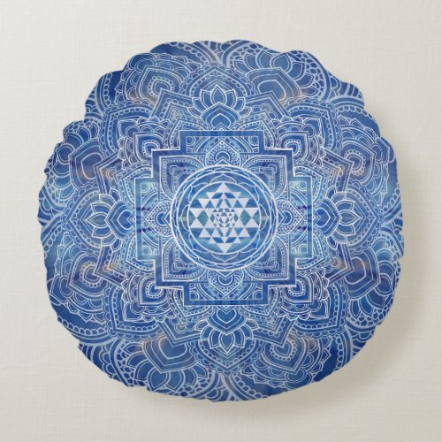 Sri Yantra   Sri Chakra Blue Watercolor Round Pillow